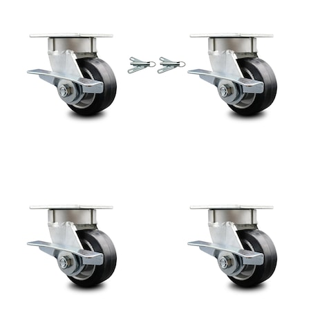 Service Caster 4 Inch Kingpinless Rubber on Aluminum Wheel Caster Brakes 2 Swivel Locks, 4PK SCC-KP30S420-RAR-SLB-BSL-2-SLB-2